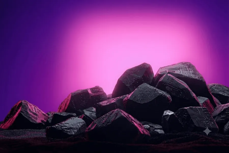 Semicolon brand render: dark rock forms lit by magenta light.