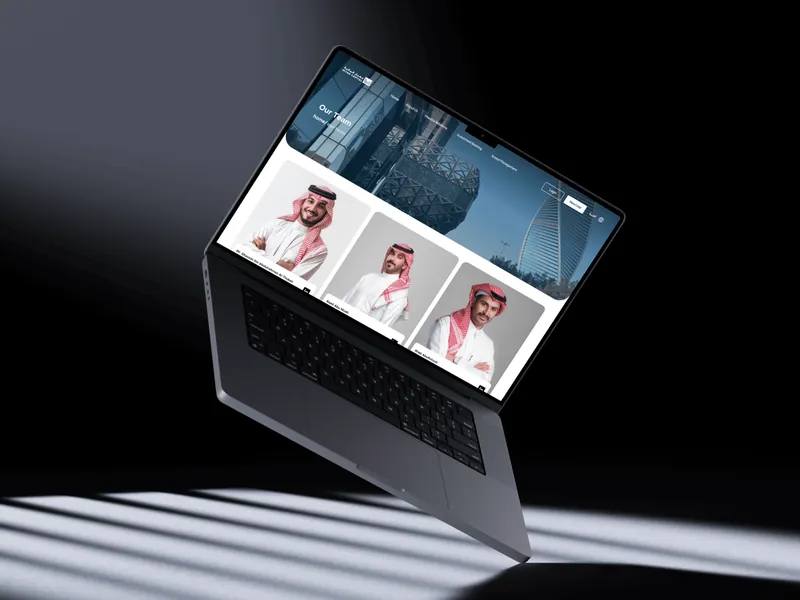 The Miyar Capital site on a laptop, showing a team section with three portraits.